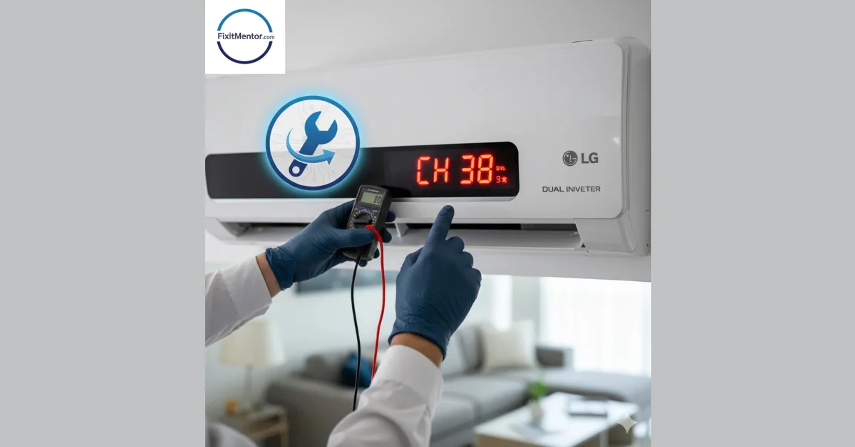 Close-up shot of an LG DUAL Inverter AC indoor unit displaying the CH 38 error code, with a prominent wrench icon and red warning.