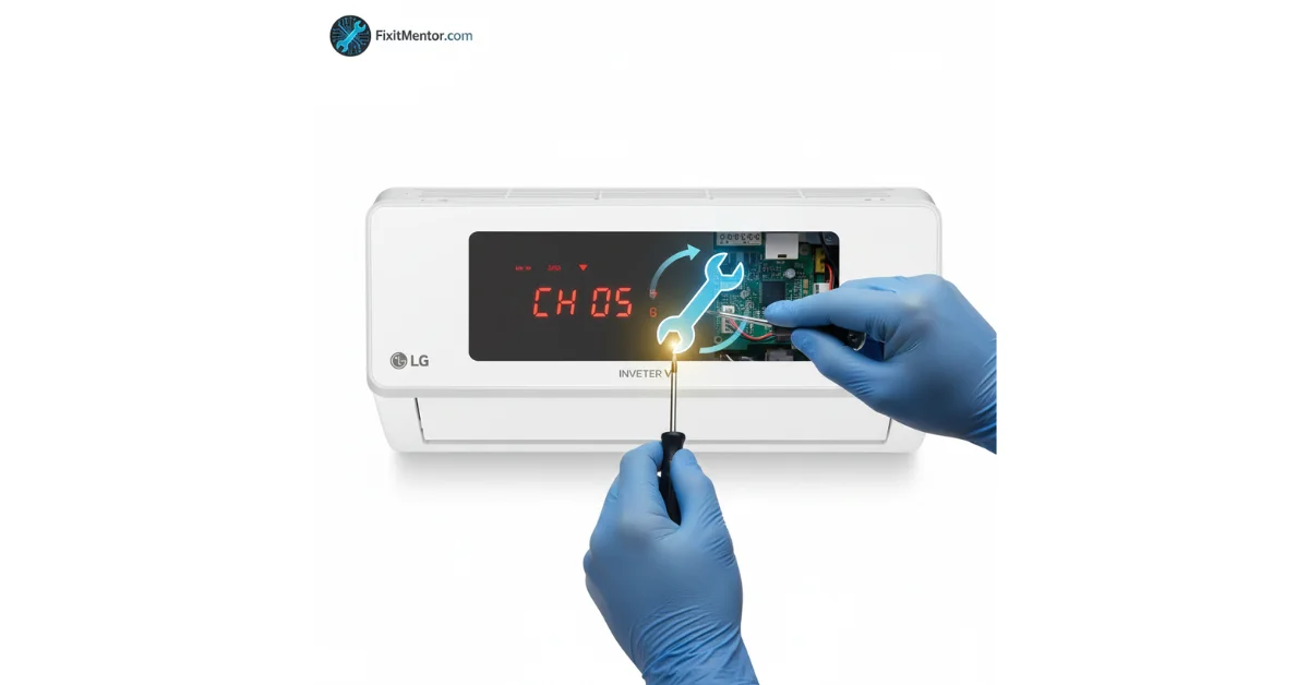 Person troubleshooting an LG Inverter V AC unit (model S4-Q12JA2) displaying CH 05 error code, with tools and a wrench icon.