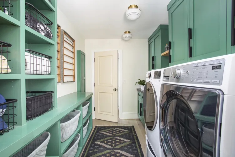 Pair Bold Laundry Shelving With Sleek Baskets
