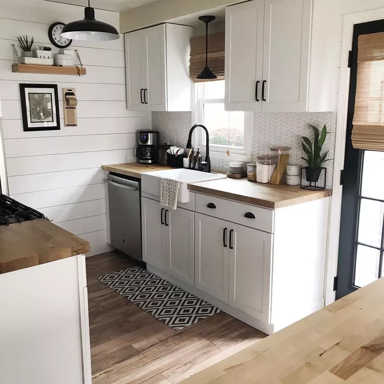 Small Galley Kitchen With Shiplap Accent Wall