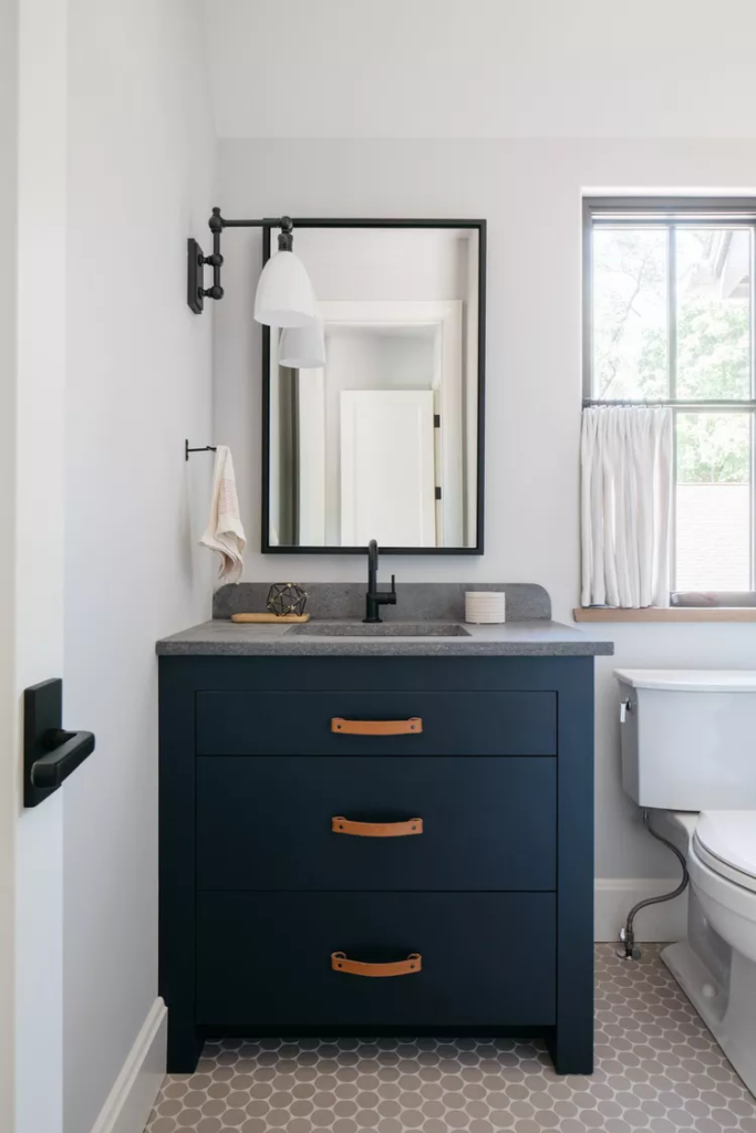 Navy Blue Vanity With Leather Pulls